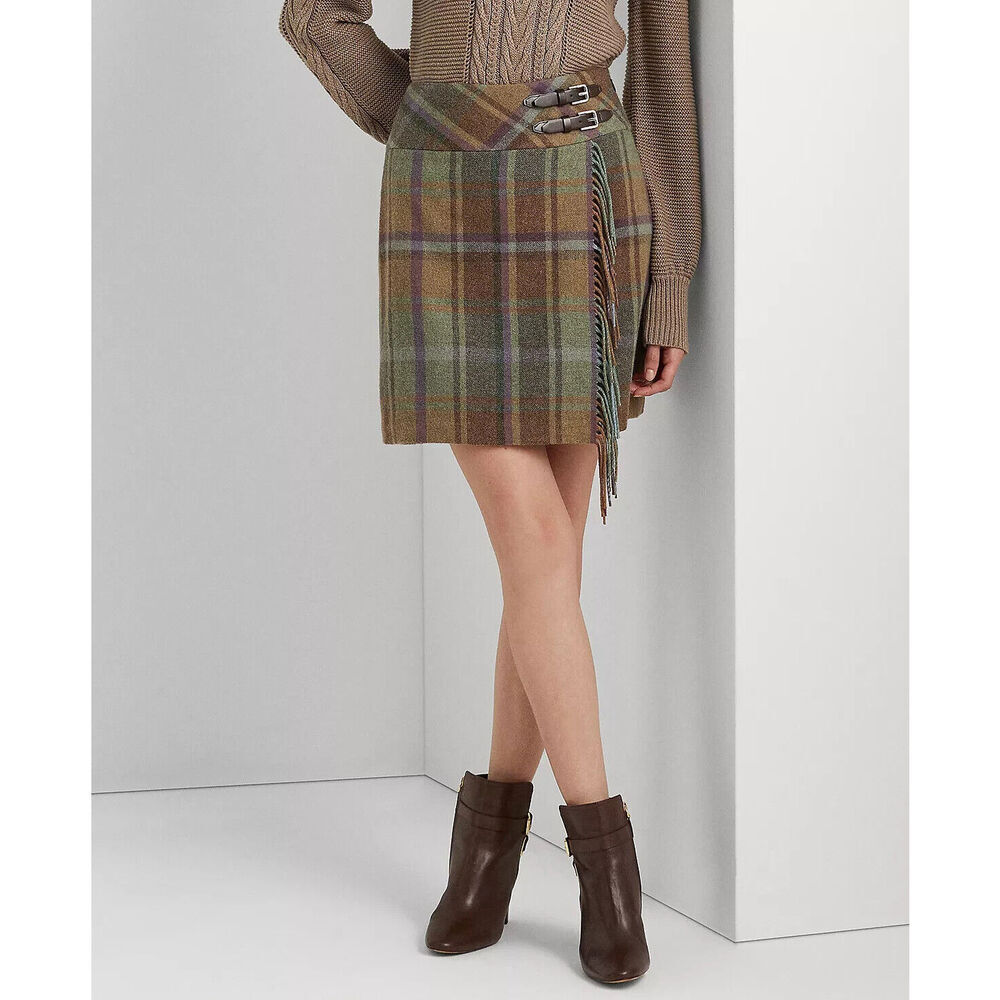 NEW! Lauren Ralph Lauren Women's 12 Plaid Fringe-Trim Tweed Mini Skirt NWT $225 - Picture 2 of 5